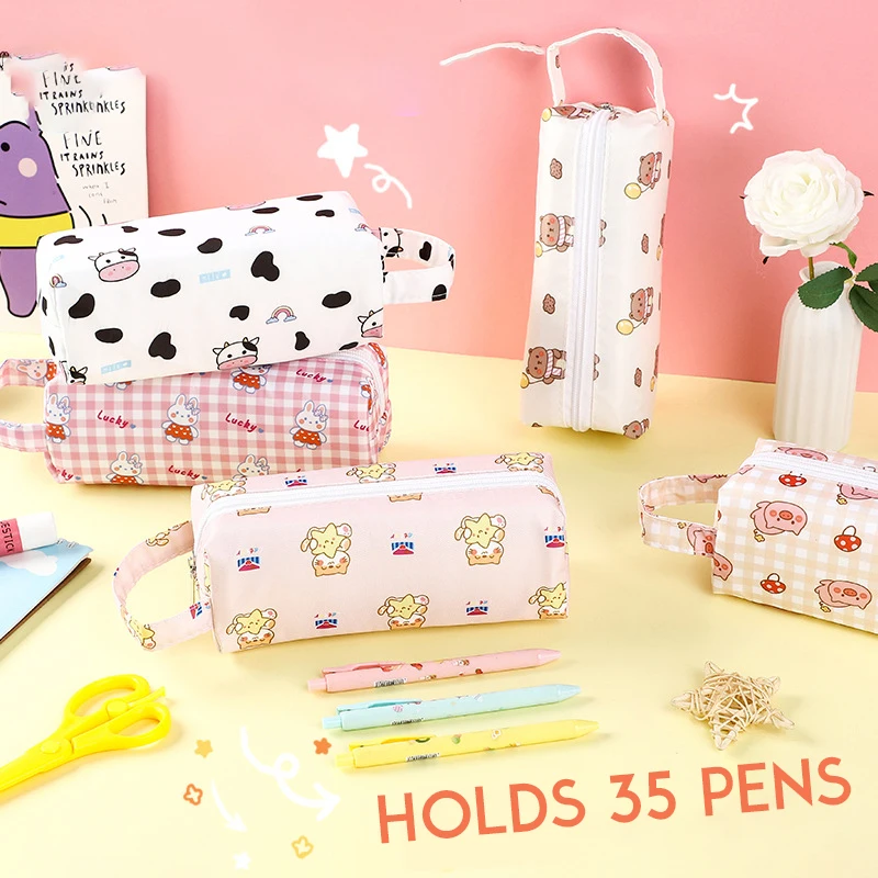 New Japanese Cartoon Lattice Simple Pencil Bag Primary School Student Multifunctional Pencil Bag Large Capacity Stationery Box