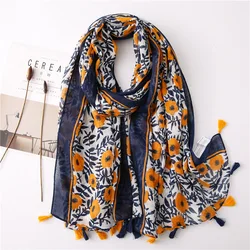 2022 espanha moda margarida floral borla viscose xale cachecol senhora impressão suave pashmina roubou wrap snood bufandas muçulmano hijab sjaal