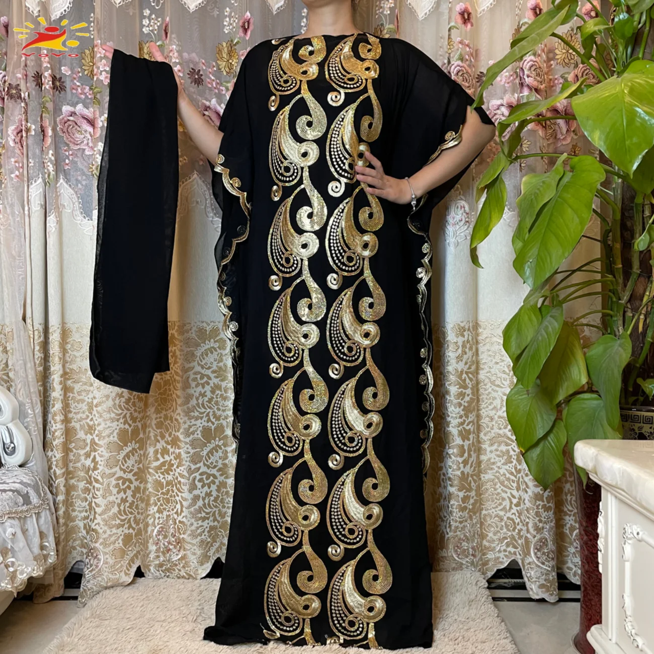 2021 New Arrival African Embroidery Flower Dresse With Scarf Big Size Women Muslim Sequin Embroidery Long Black Lady Clothes