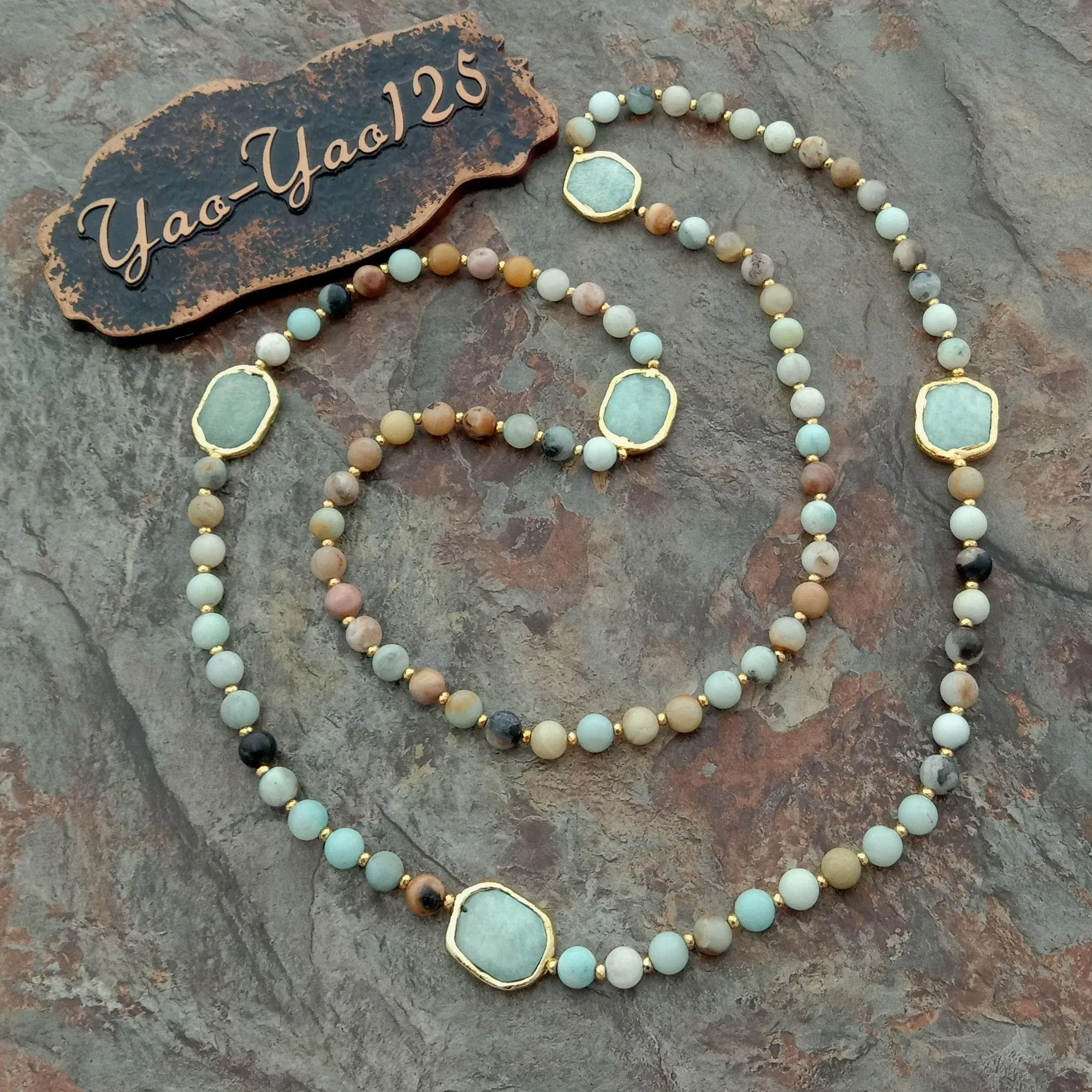42\'\' 8mm Mixed Color Amazonite Gold color Plated Amazonite Nugget long Necklace sweater chain necklace for women