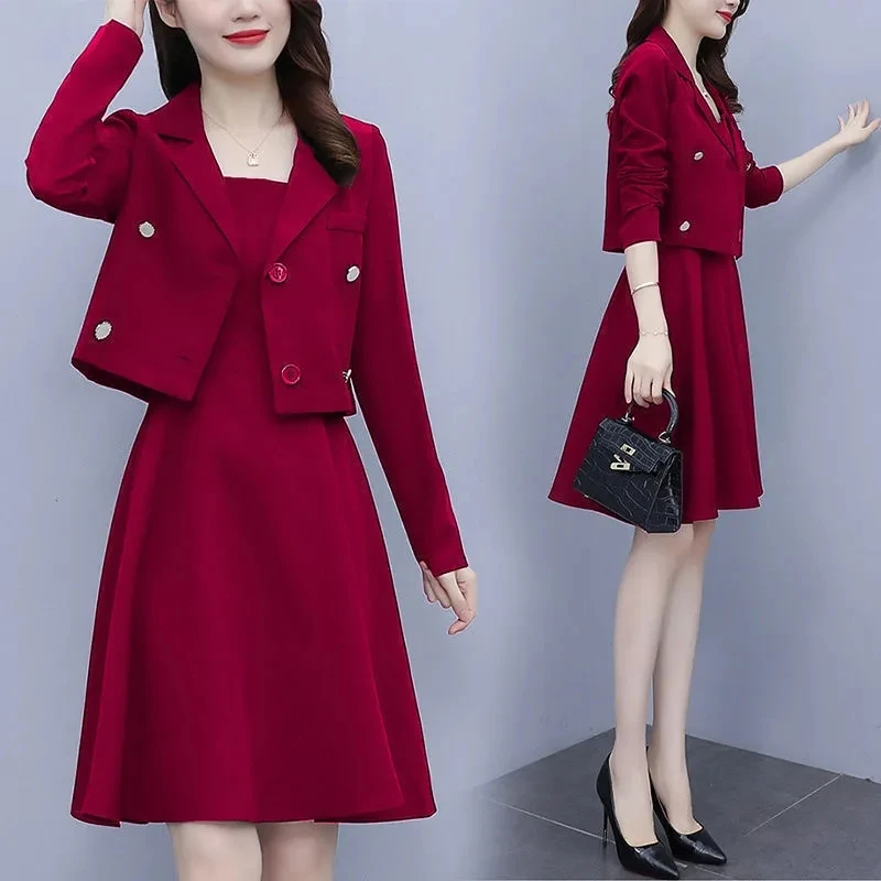 Office Lady Elegant 2 Piece Set Women Elegant Cropped Blazer Jacket And Sleeveless A-Line Tank Dress Suit Spring Thin Outfits