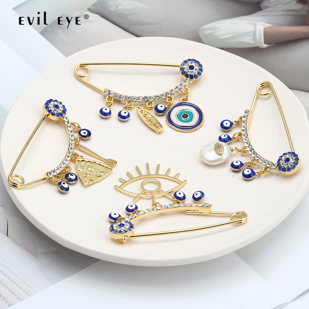 EVIL EYE Blue Turkish Evil Eye Tassel Brooch Pin Gold Color Hamsa Hand Star Heart Charm Brooch Jewelry for Women Men BE217