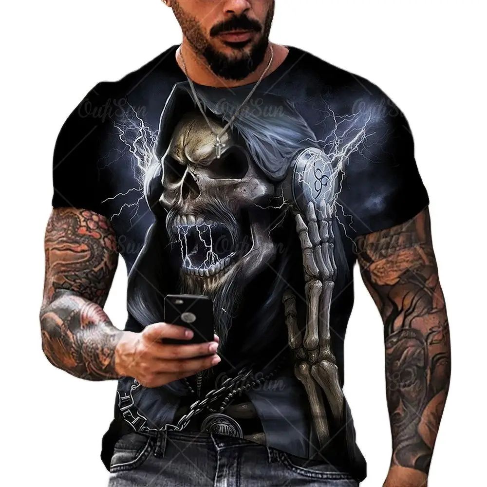 Summer Men\'s T Shirt Horror Skull Head Print 3d T-Shirts Fashion Streetwear Short-Sleeve O-Neck Tees Tops Oversized Man Clothes