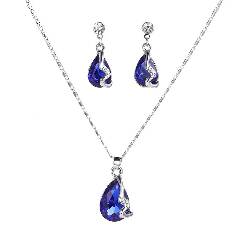 Fine Jewelry Austrian Crystal, Dark Blue Gemstone, Women's Wedding Jewelry Set 925 Sterling Silver Necklace Earrings Set Gift