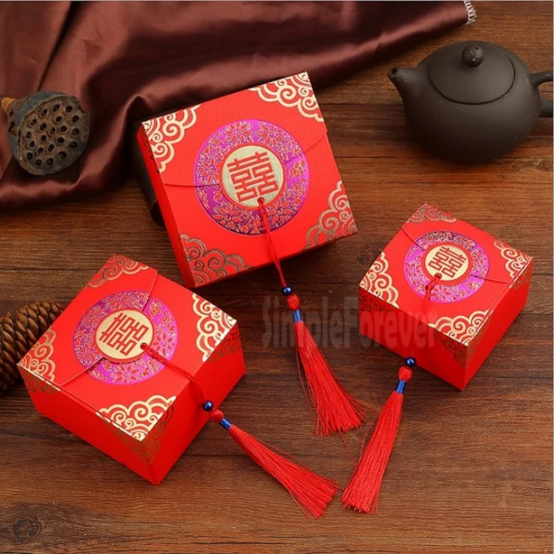 Double Happiness Vintage Chinese Style Paper Sugar Candy Box Square Sweet Box Wedding Gift Box