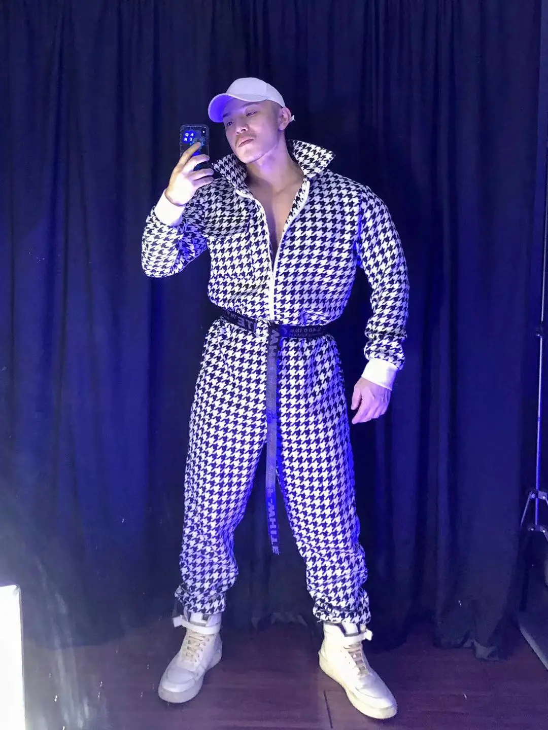 

Men's New Houndstooth Jumpsuits Party Show Stage Costumes Nightclub Bar Male Gogo One-piece Hiphop Overalls