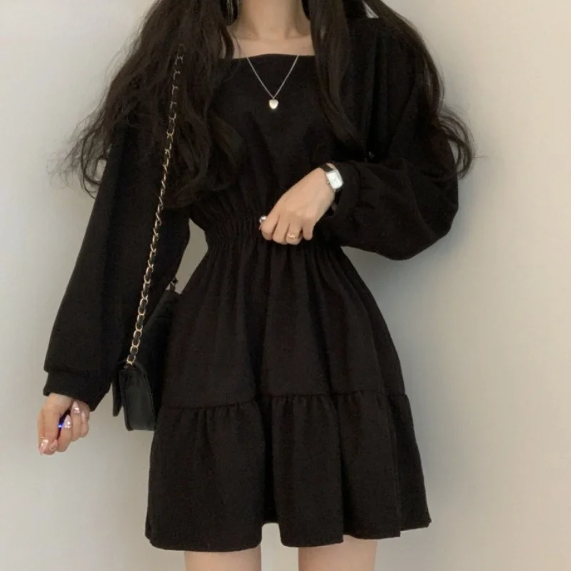 Gothic Black Puff Sleeve Loose Women's Dress Long Sleeve Shrink Waist Chic Linen Mini Dress Casual  Elegant Dresses for Women