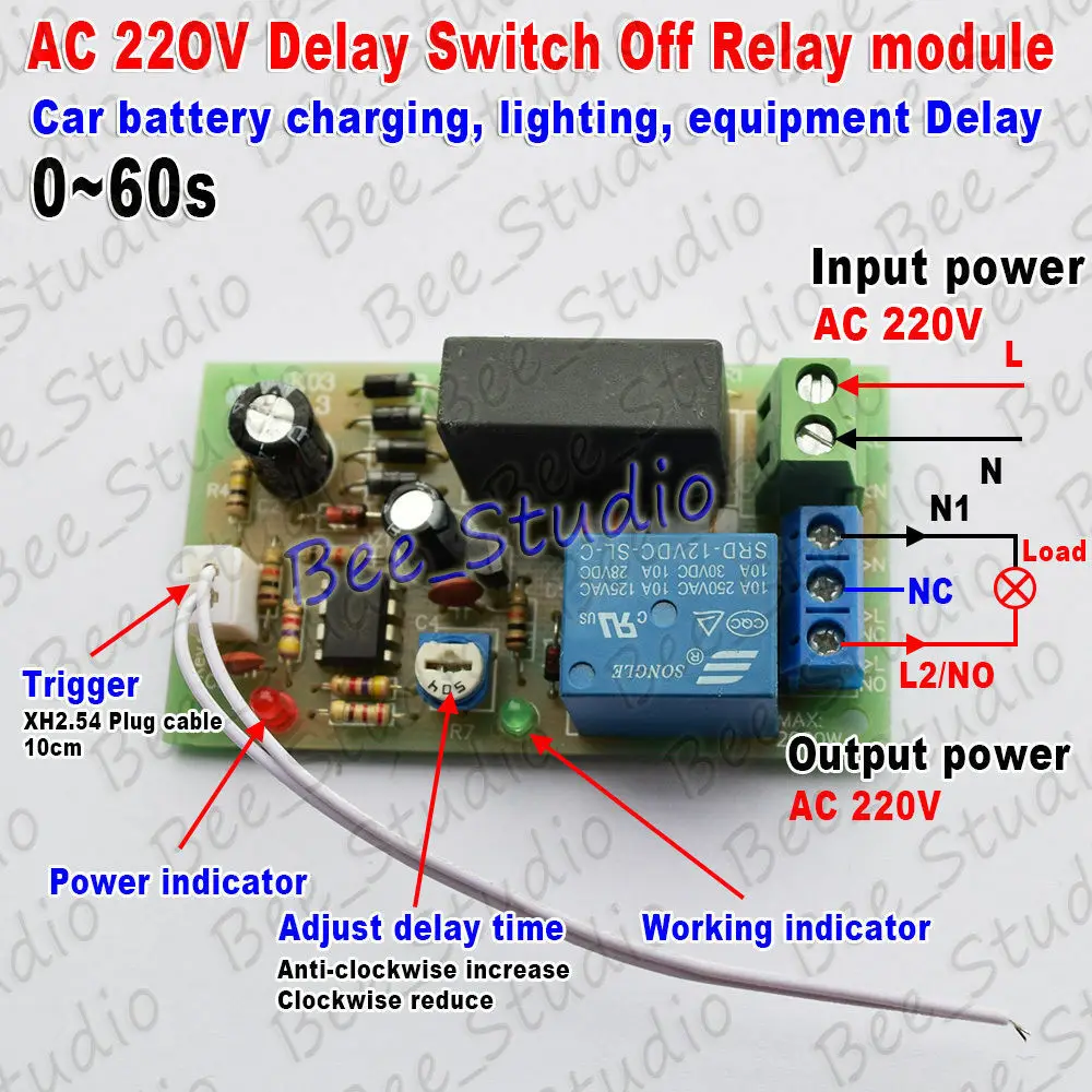 AC 220V 230V 240V Trigger Delay Timing Timer Relay Switch Delay Turn Off 0~60s for Car Battery Charging