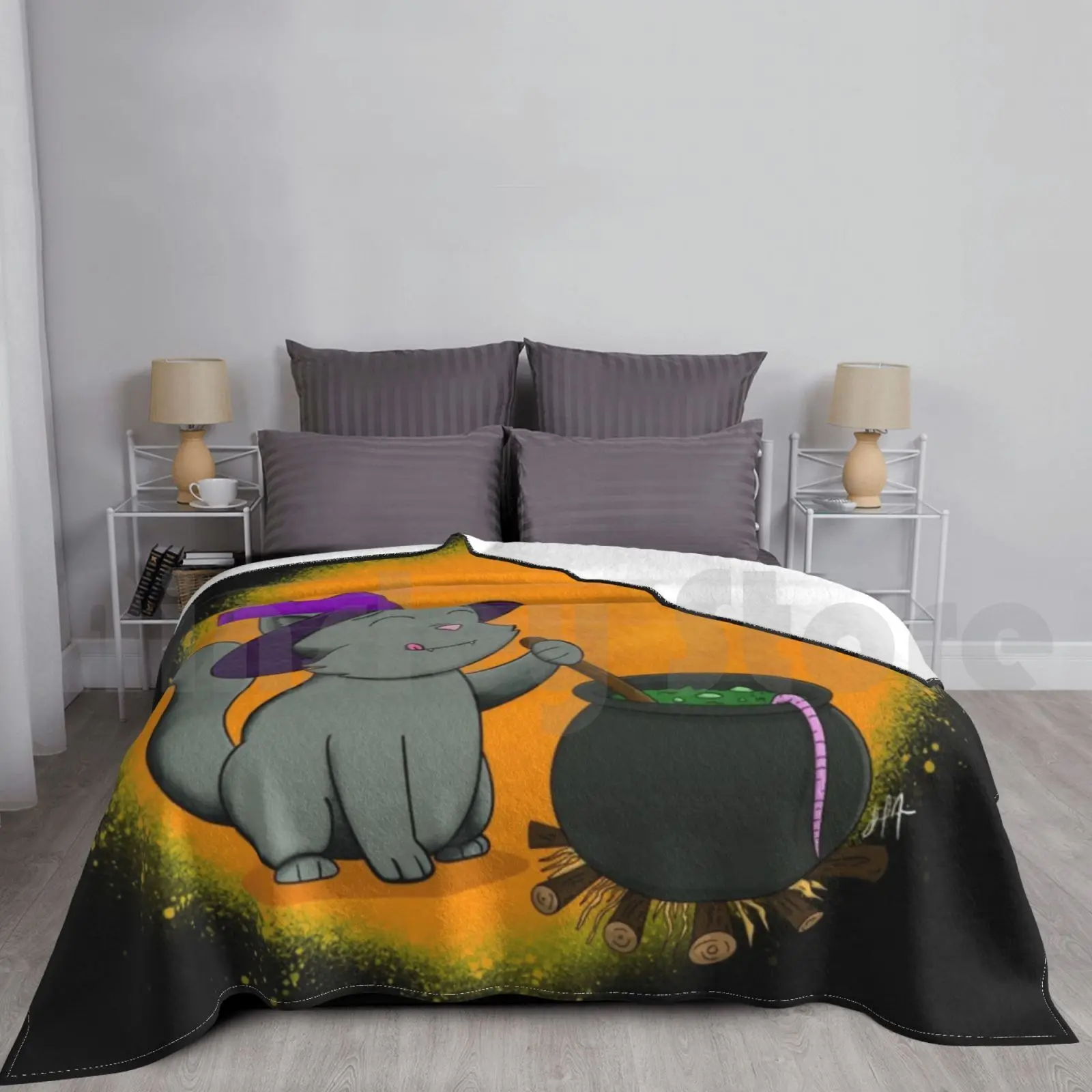 Witchy Kitty manta personalizada de Halloween, gatito escalofriante, dibujos animados lindos, moda