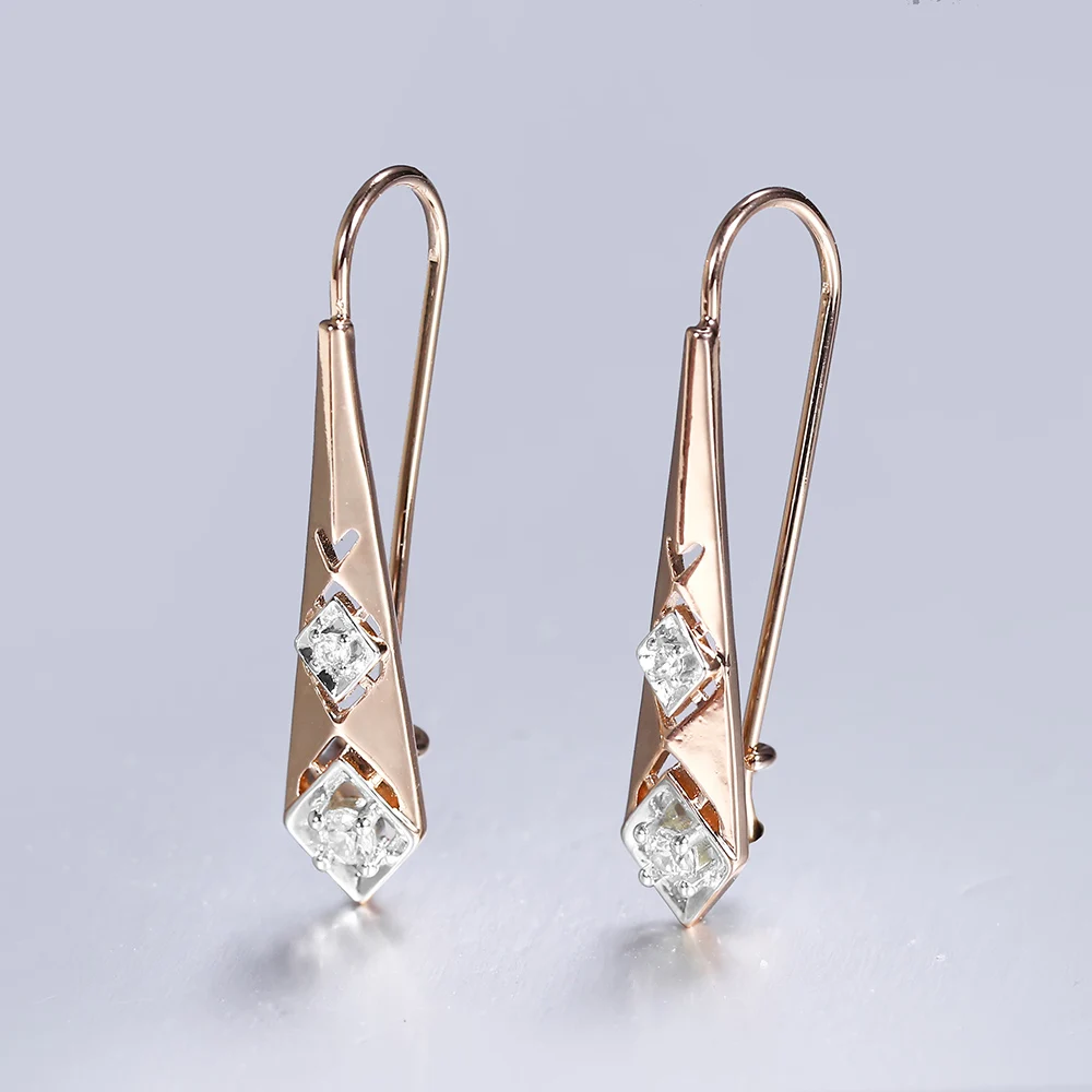 Women Geometric Rhombic Heart CZ Stones Drop Dangle Earrings 585 Rose Gold Color Long Earring Fashion Jewelry GE315