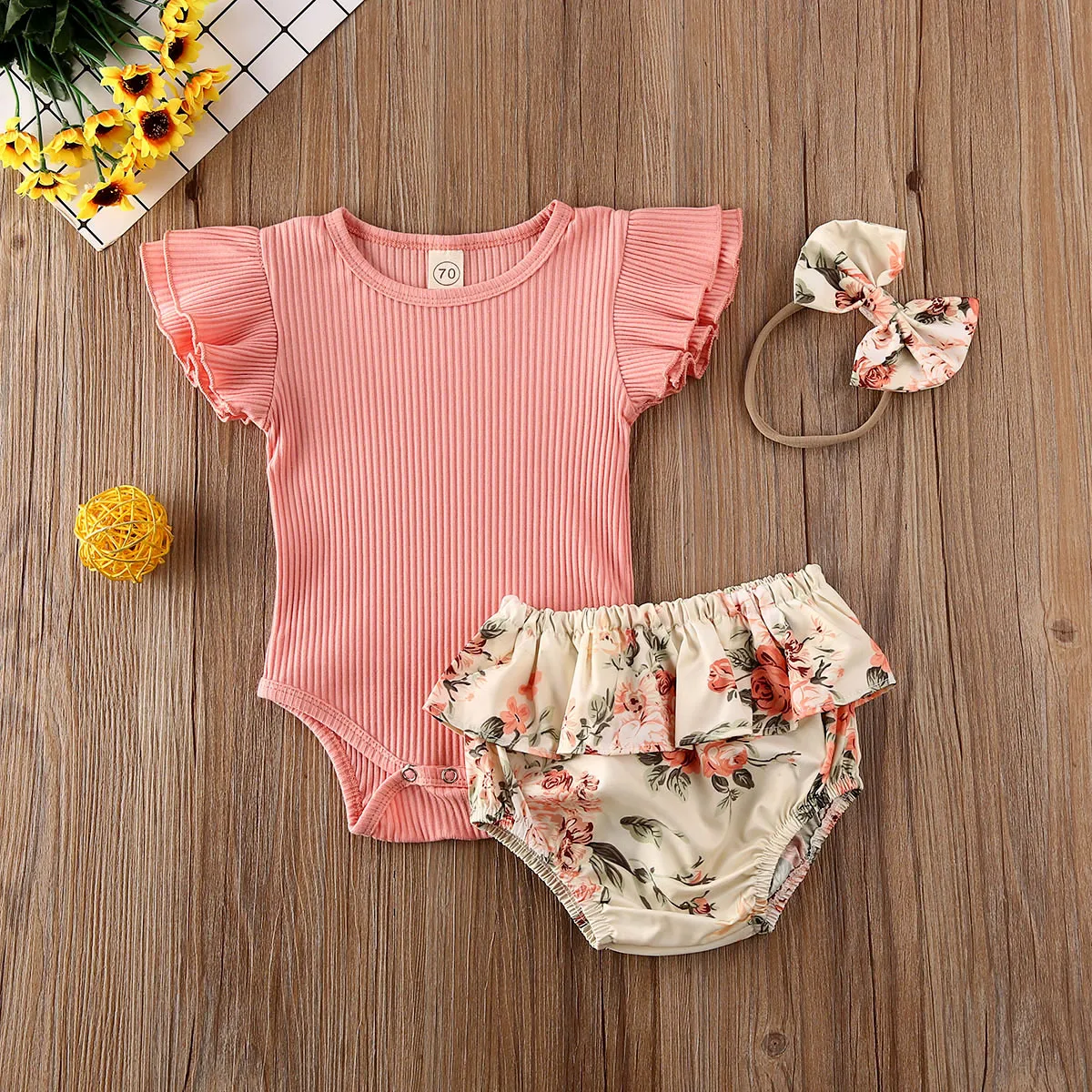 

Baby Summer Clothing Infant Newborn Baby Girl Ruffled Ribbed Bodysuit Floral Shorts Headband 3Pcs Set 0-18M