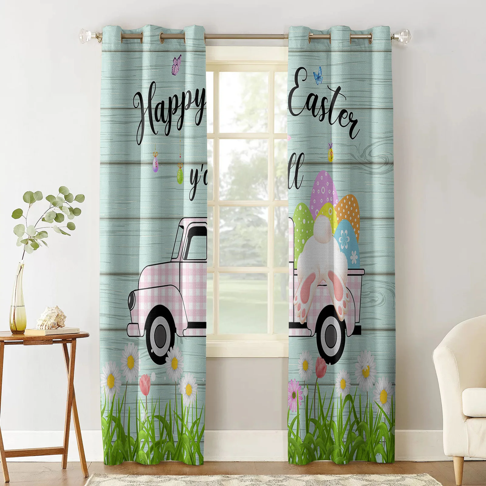 Easter Decoration For Home Easter Egg Bunny Flower Truck Curtains For Bedroom Window Curtains For Living Room Window Treatments