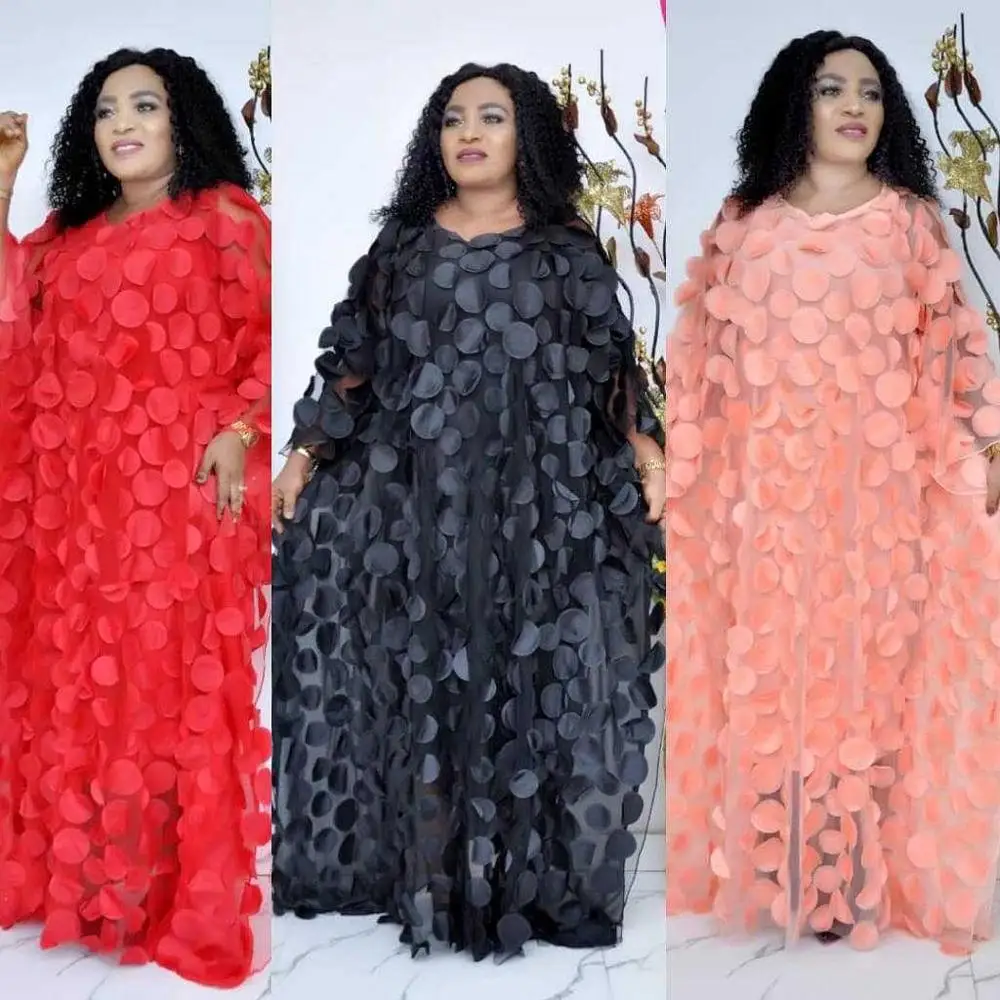 African Woman Dress Solid Circular Applique Polyester Chiffon Fabric Loose Plus Size Long Robe With Stretch Long Vest Dress