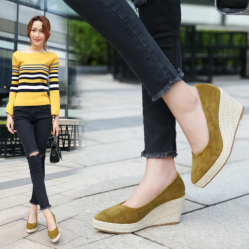 Suede princess women wedge shoes pointed toe pumps high heels platform Mary Jane office lady pumps party espadrilles cute shoesb