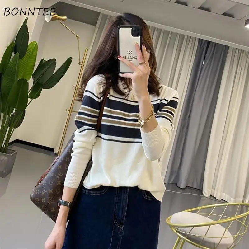 

Pullovers Women Tender Knitted Vintage Striped O-neck Autumn New Arrive Ulzzang Sweaters Soft Preppy All-match Popular Loose Ins