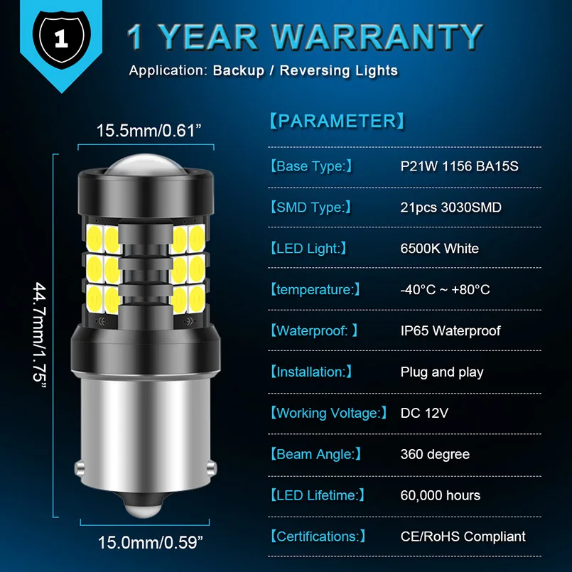 車のバックアップ用の超高輝度canbus led電球,1200lm p21w 1156 ba15s t15 w16w t16,21smd 3030 6500k,白12v,2個