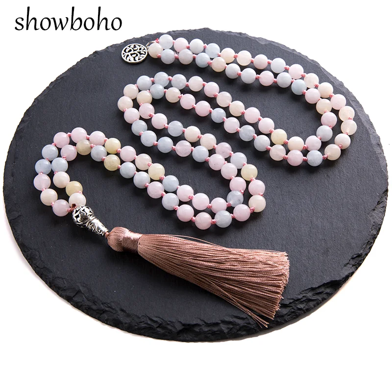 8mm Morganite Beaded Knotted 108 Mala Necklace Meditation Yoga Blessing  Japamala Jewelry for Women and Men