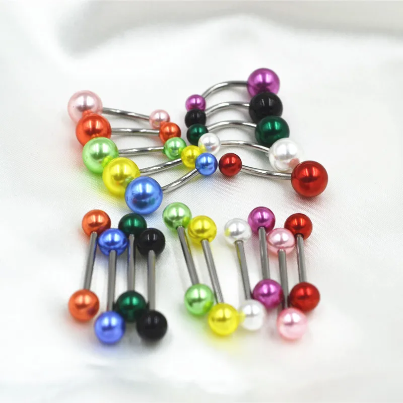 

100pcs Body Jewelry Piercing Acrylic Pearl Colorful Navel Belly Button Tongue Ring Barbells Straight Curve Barbells 14G