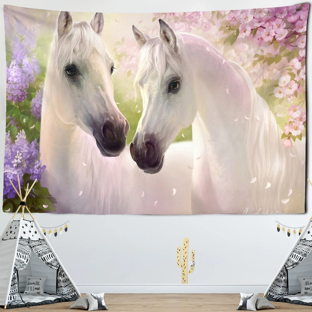 Lovely White Horse Tapestry Wall Hanging Kawaii Bohemian Towel Mat Living Room Decoration Polyester Background Cloth