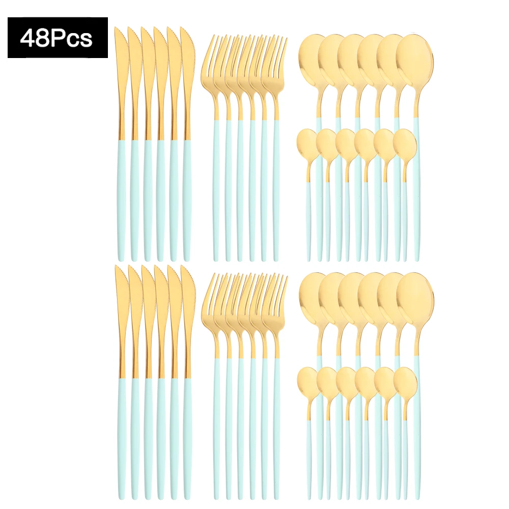 48pcs Mint Green Gold Dinnerware Set Stainless Steel Tableware Set Dinner Knife Fork Spoon Cutlery Set Bright Light Dropshipping