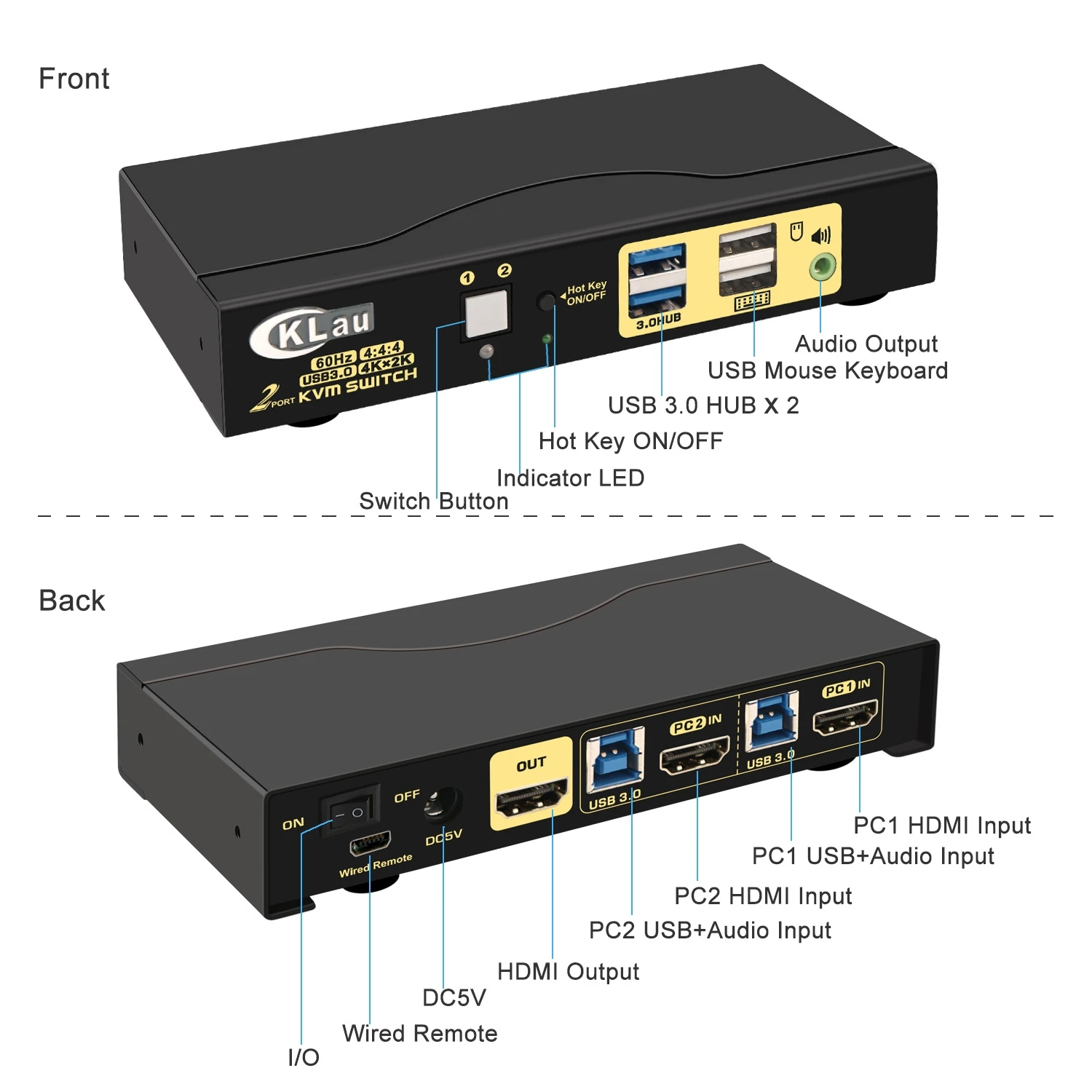 2 منفذ HDMI مفتاح ماكينة افتراضية معتمدة على النواة ، USB3.0 مفتاح ماكينة افتراضية معتمدة على النواة مع دقة الصوت والميكروفون تصل إلى 4K x 2K @ 60Hz 4:4:4