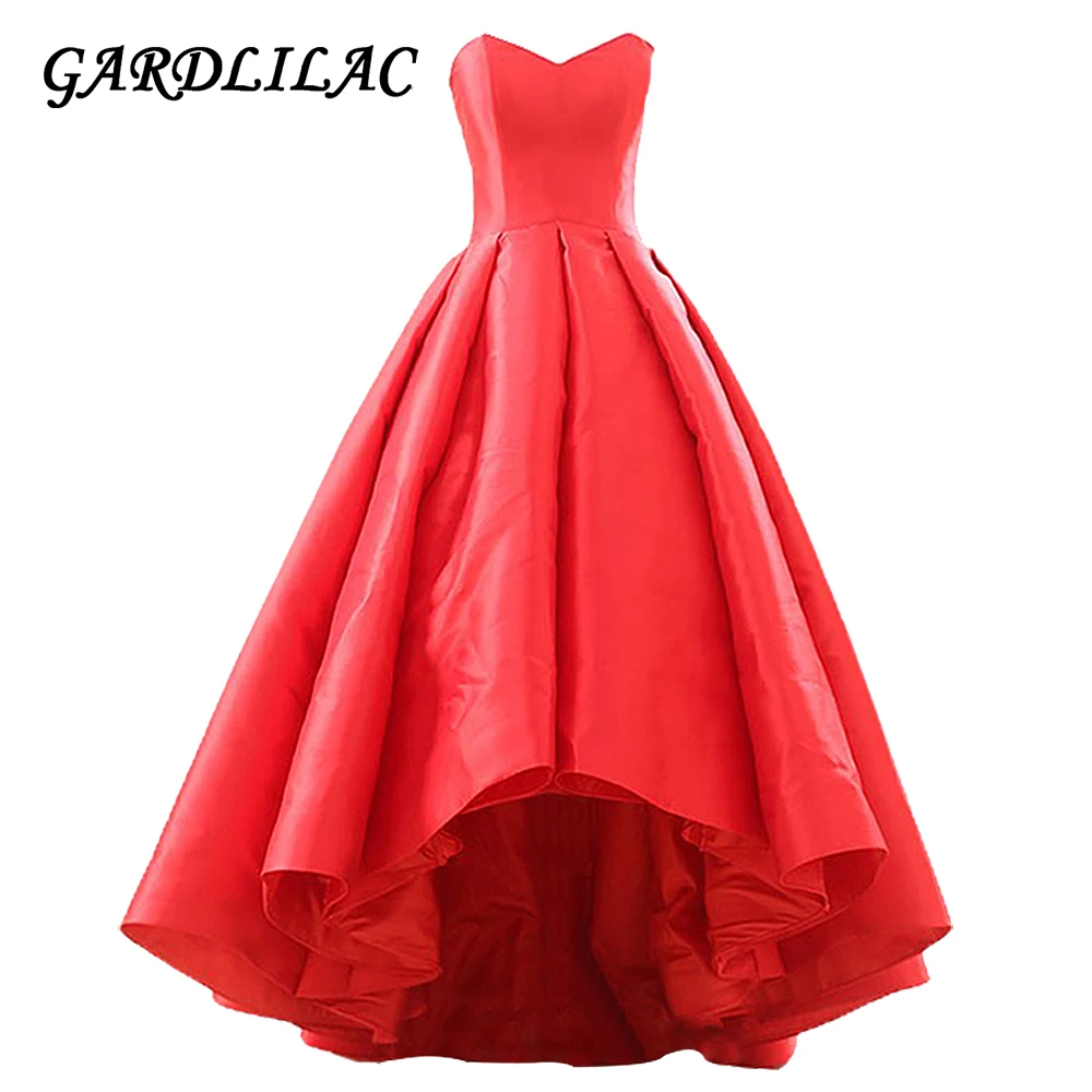 Gardlilac Elegant Satin Sweetheart Red Evening Dresses  A-Line Hi-Low Formal Prom Party Gowns With Pockets