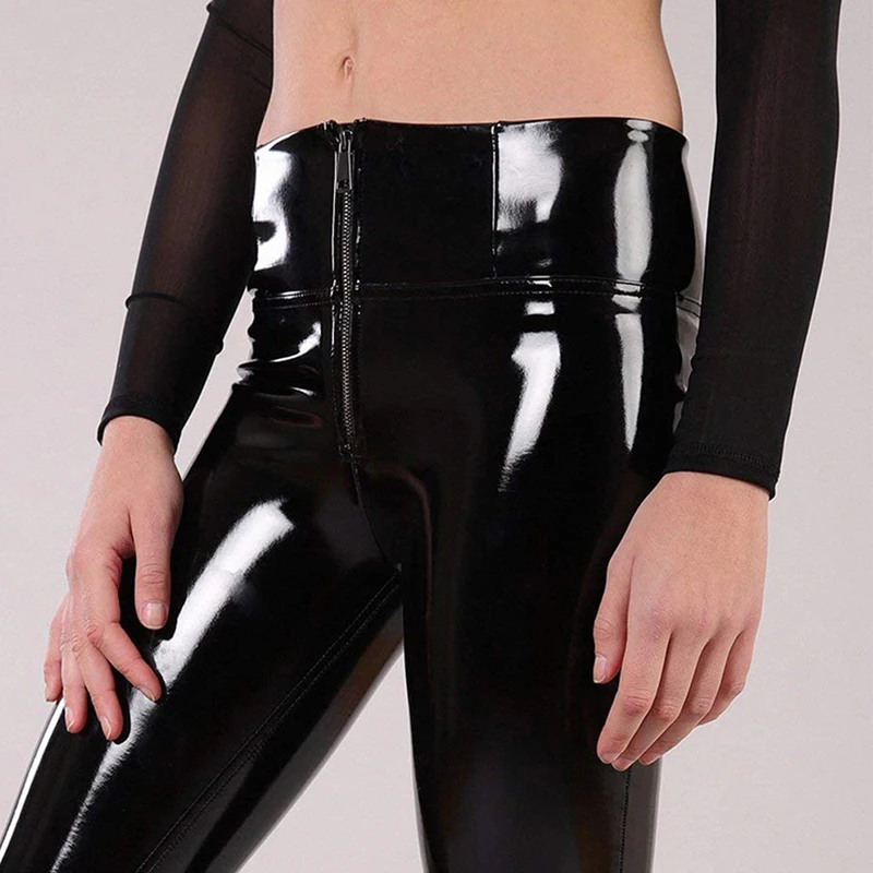 Shiny Patent Leather Pencil Pants Women High Waist Seamless Bodycon Legging PVC Leather Zip Slim Stretch Pants Nightclub Custom