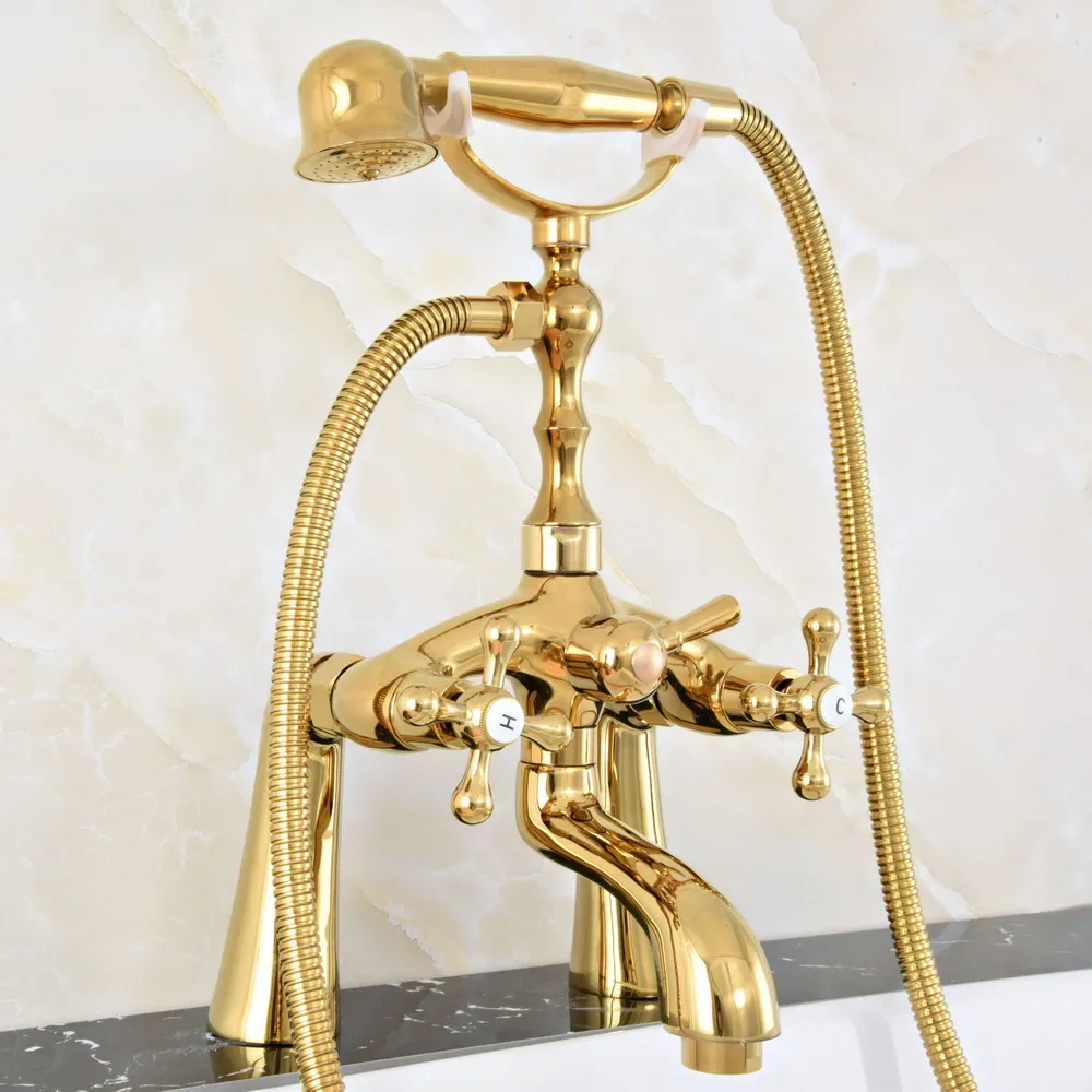 

Deck Mounted Modern Polished Golden Brass Bathroom Tub Faucet Set with 150CM Handheld Shower Spray Head Bath Mixer Tap 2tf774