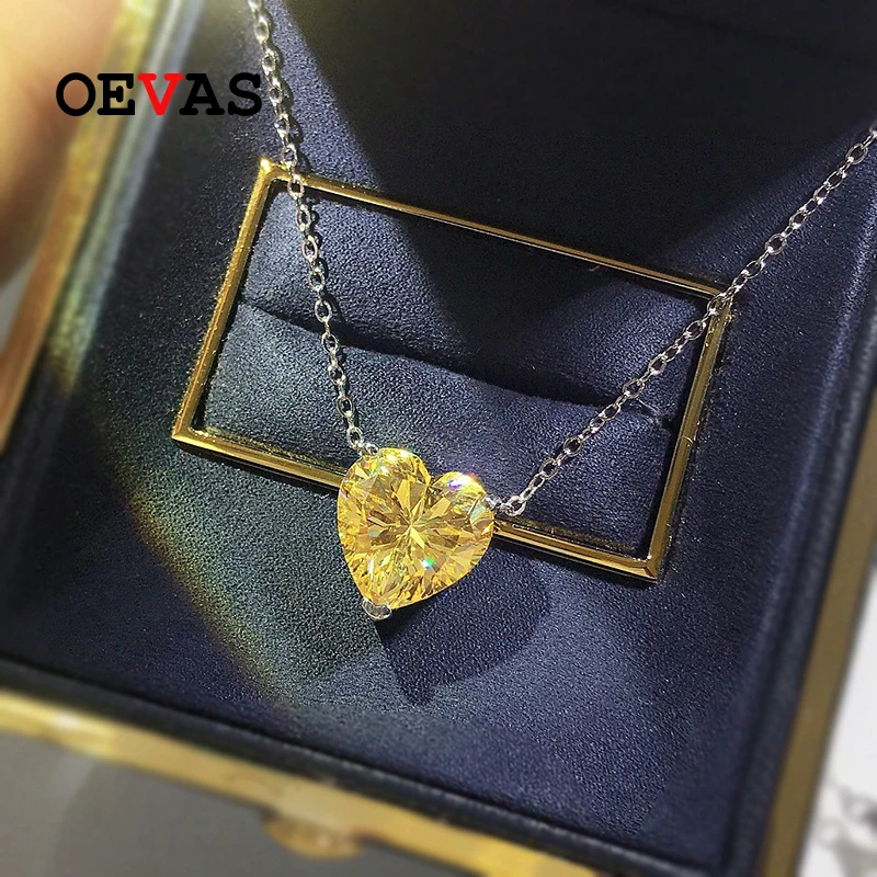 OEVAS 100% 925 Sterling Silver 12*12mm Heart High Carbon Diamond Pendant Necklace For Women Sparkling Wedding Fine Jewelry Gift