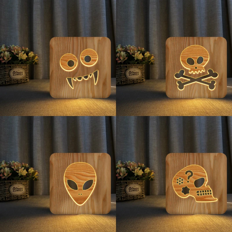 Halloween Skull  Aliens 3D LED Wooden Night Light Hollow Table Lamp USB Power Desk Lights For Baby Kids New Year Gift Dropship