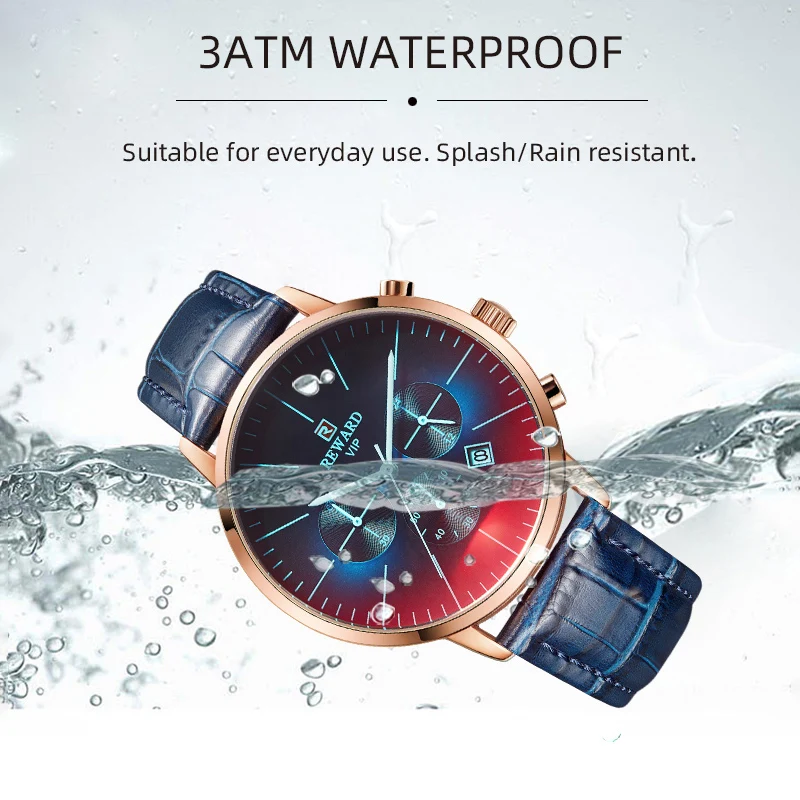REWARD Men\'s Watch Modern Chronograph Sport 24 Hour Watch Iridescent Crystal Color Bright Glass Waterproof Wrist Watches