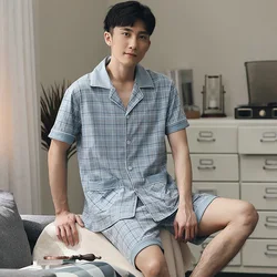 Summer Cotton Pajama Men Plaid Short Sleeve + pants Sleepwear Pyjama Hombre Short Pijamas Nightwear Homeclothes Plus Size 5XL