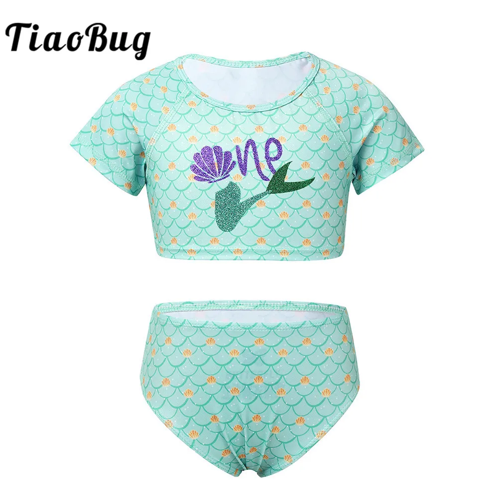 

TiaoBug Summer Kids Girls Tankini Set Glittery Mermaid Tail Printed Swimsuit Swimwear Bathing Suit Tops with Bottoms Beachwear