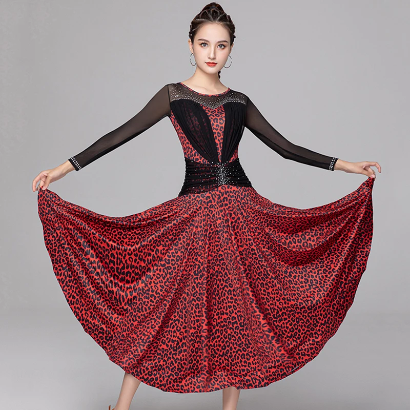 Floral vestido de competição de salão de baile feminino malha palco traje leopardo flamenco vestido dança moderna roupa tango dancewear dl8558