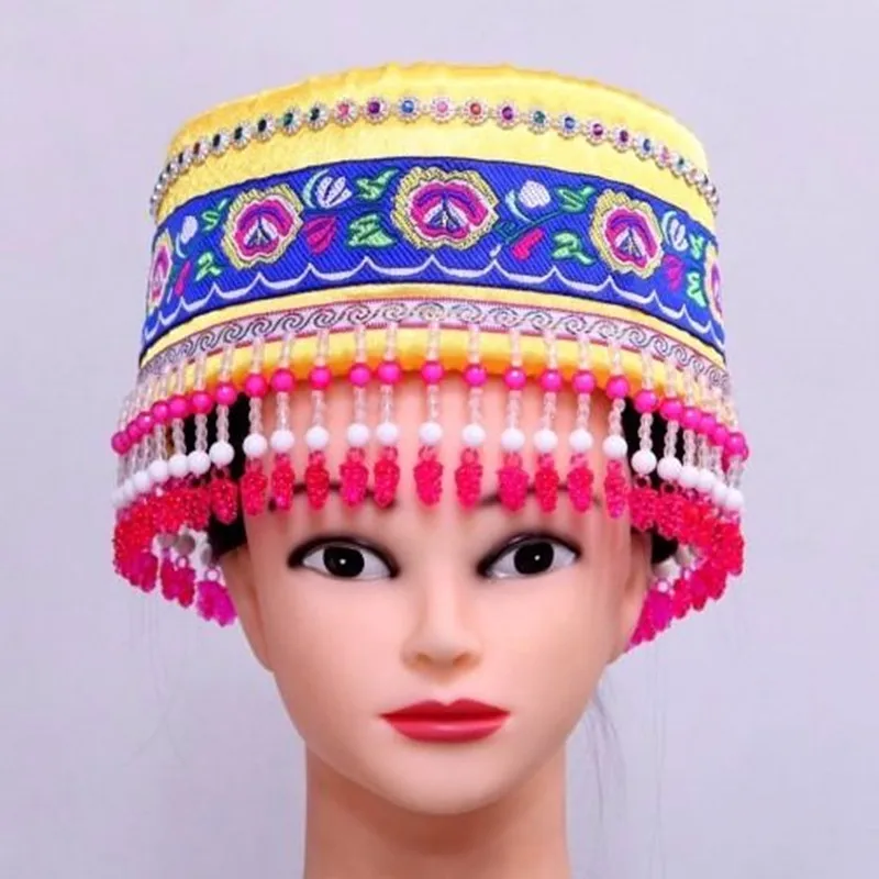 Adjustable Chinese Miao Minority Hats With Tassel For Children And Women Vintage National Dance Headdress Stage Performance Cap