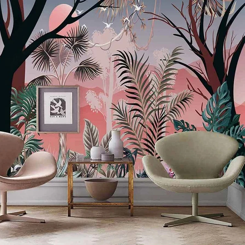Custom 3D Wall Mural Nordic Hand-painted Retro Southeast Asian Tropical Jungle Indoor Background Wall Painting Papel De Parede