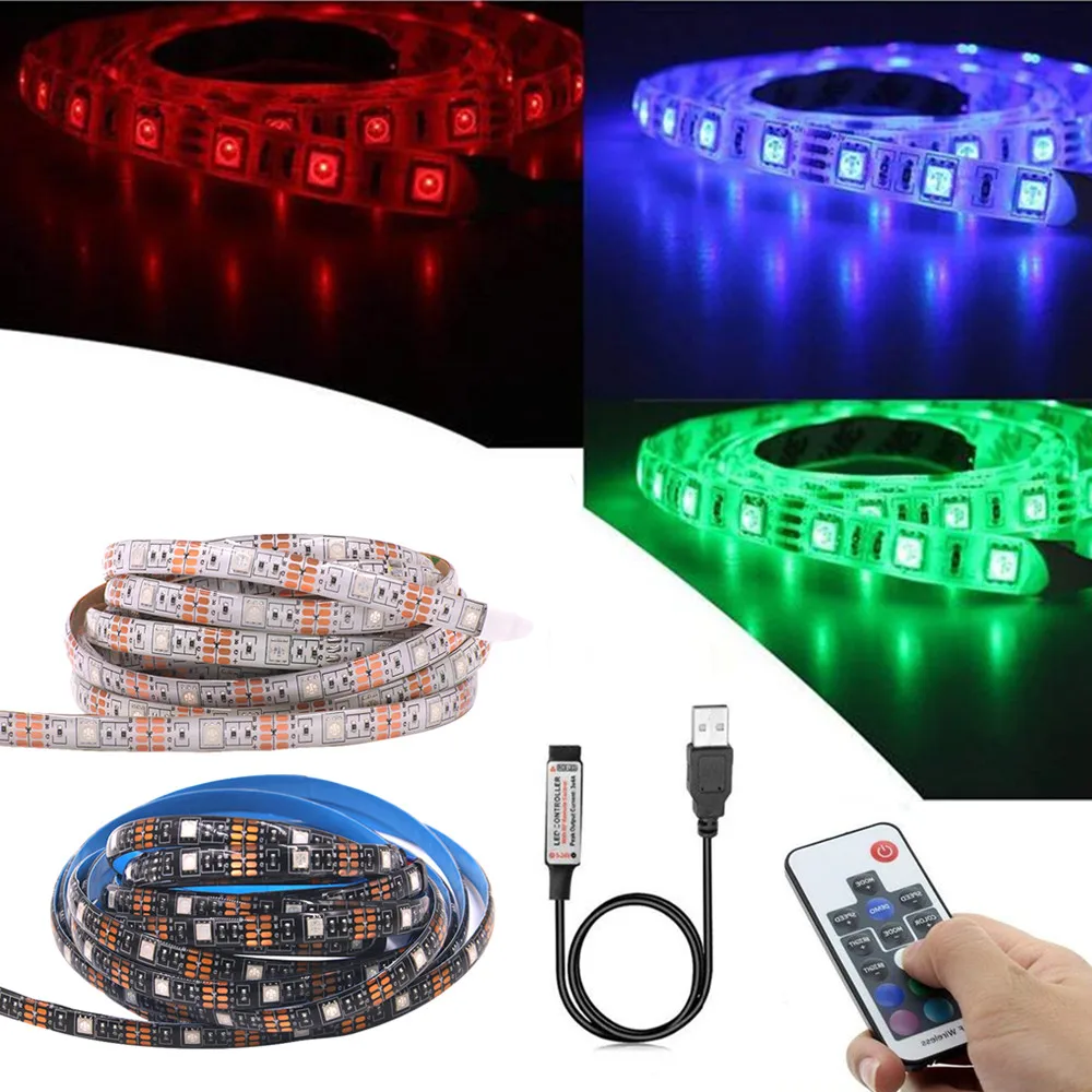 

USB LED Strips Light RGB TV Background Lighting With 17Key Remote Control 5V 5050SMD Flexible Strip Tape Ribbon Lamp