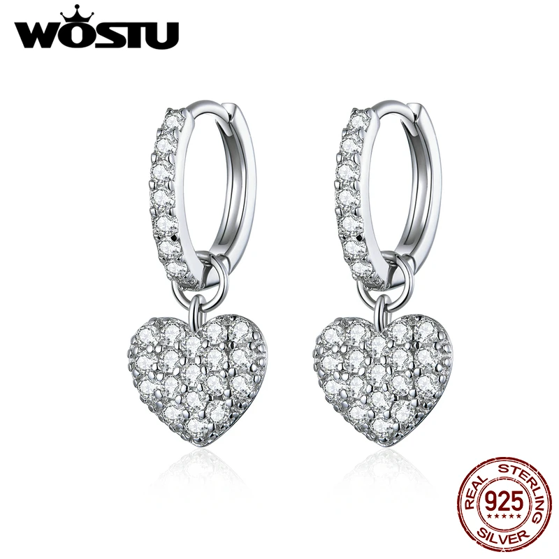 WOSTU Genuine 925 Sterling Silver Unique Heart Drop Earrings For Women Brilliant Zirconia Dangles Earrings Lover Jewelry CQE821