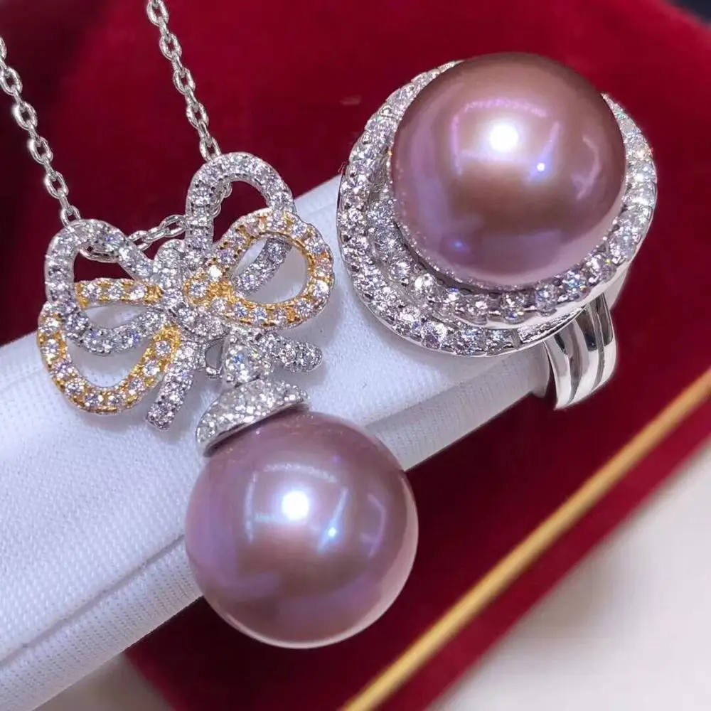 

D908 Pearl Set Fine Jewelry 925 Sterling Silver Round 11-13mm Nature Fresh Water Purple Pearls Jewelry Sets for Women Presents