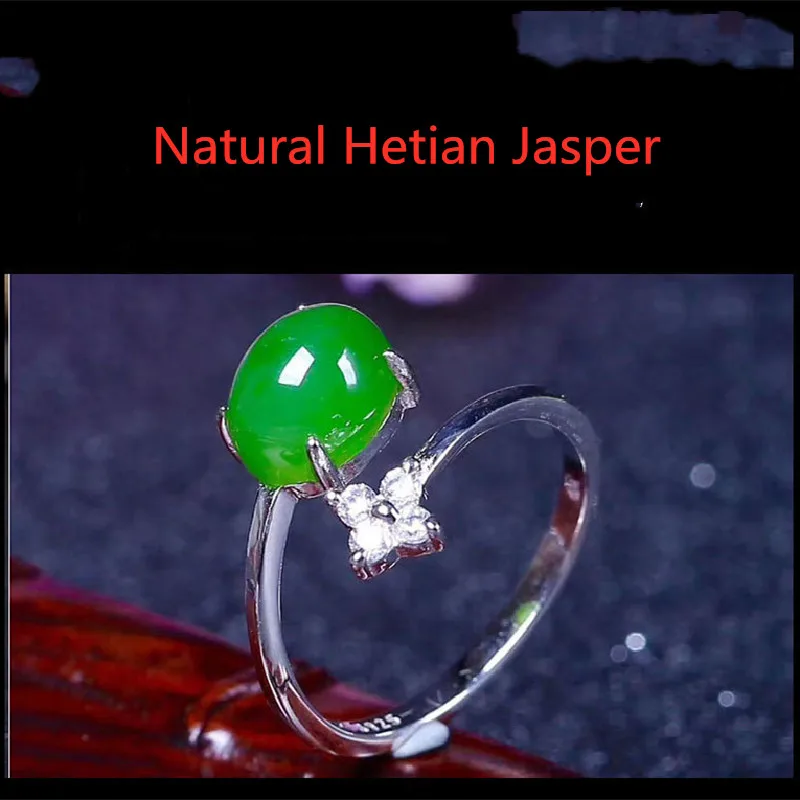 Hetian Jade Jade S925 Silver Inlaid Female Ring Spinach Green Egg Noodle Ring Ladies Jade Jewelry Boutique