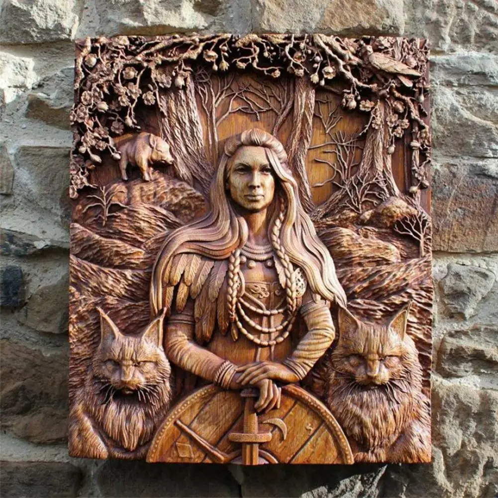 Mythology Wood Statue Wall Pendent Sculptures Norse Thor Pagan Gods Carving Craft Wall Hanging Decoration Home Living Room