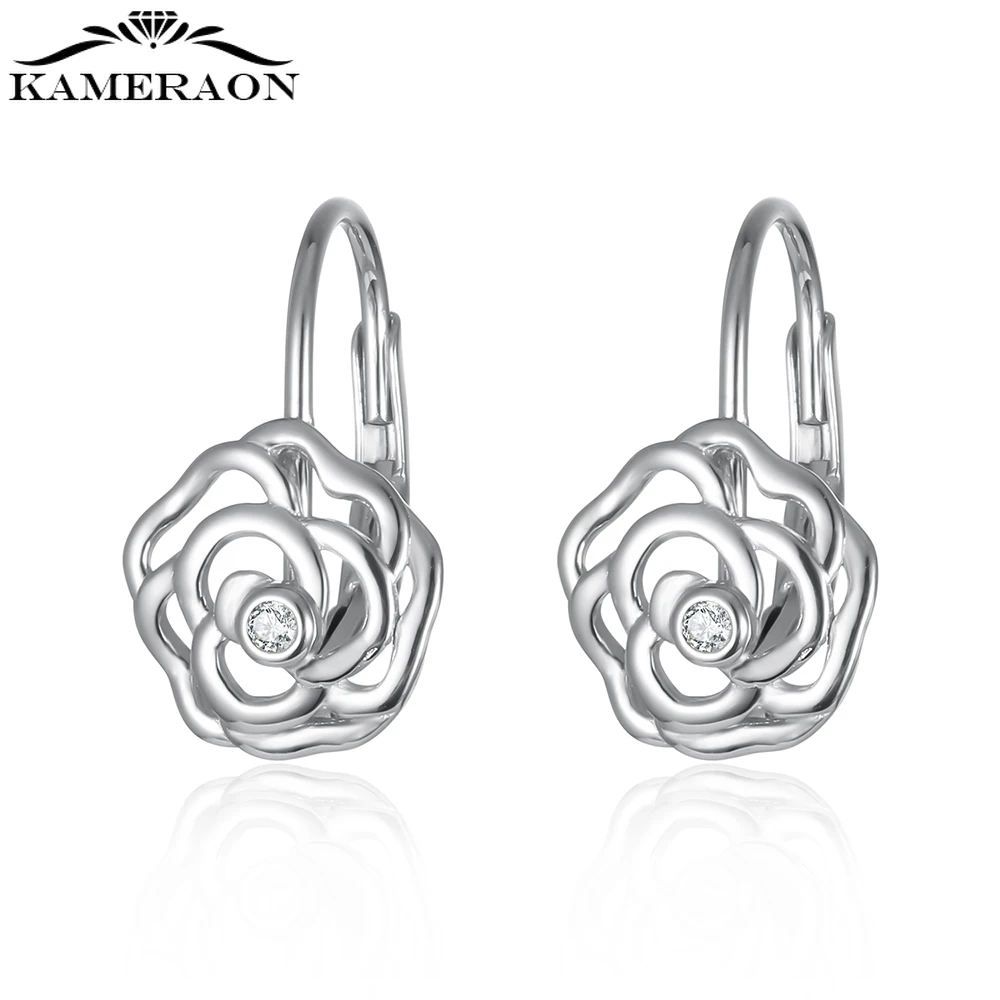 S925 Sterling Silver Romantic Sweet Small Hollow Plant Flower Simple Zircon Hoop Earrings for Women Girls Party Jewelry Gift