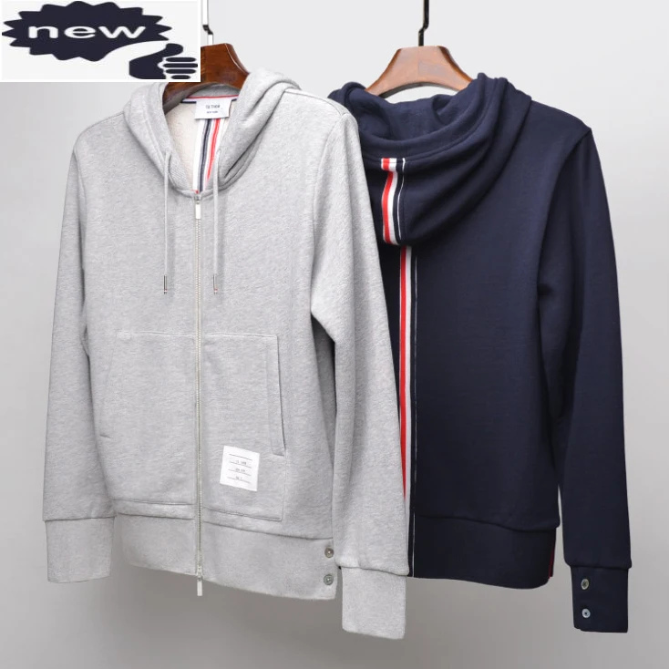 

2021 Fashion TB THOM Brand Stripe Hooded Clothing Slim Cotton Jacket Men Women Sweatshirts Hoodies Male Casual Sportswear Coat