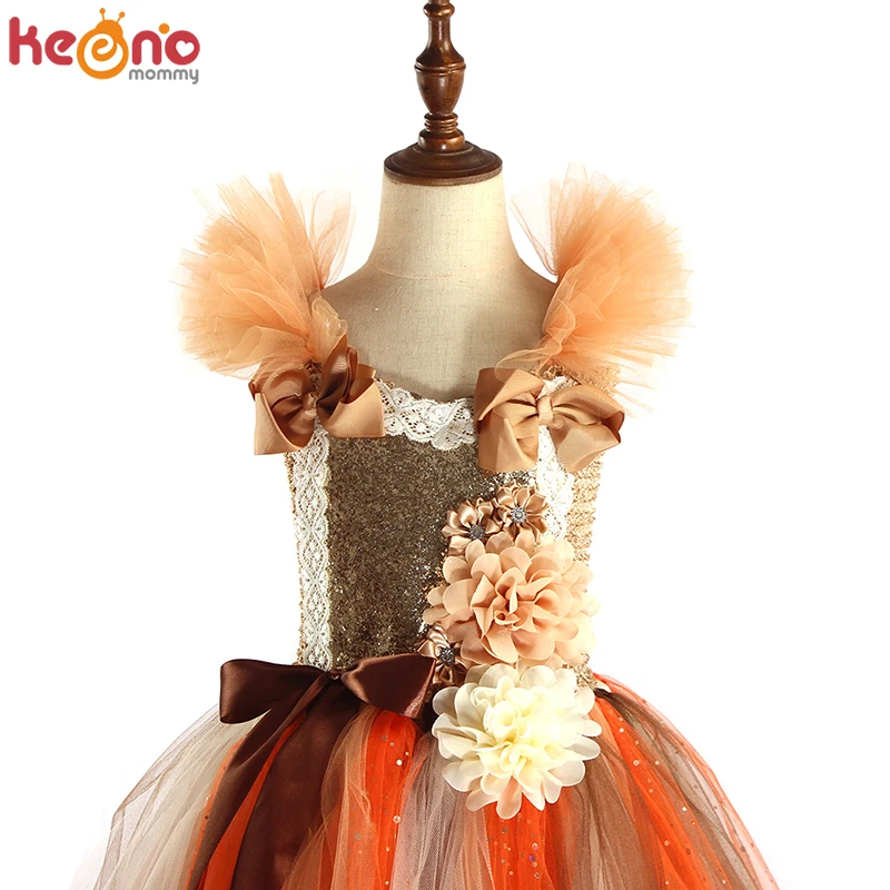 Handmade Girls Autumn Flower Fairy Tutu Dress Kids Glitter Sparkle Tulle Pageant Ball Gown Halloween Party Turkey Day Costume