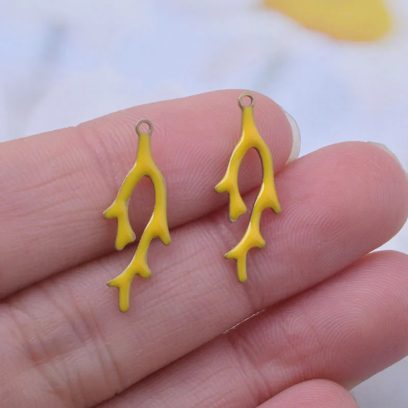 30pcs 22*8mm  Copper Both Sided Enamel Coral Charms Branch Pendant DIY Jewelry Earring Making
