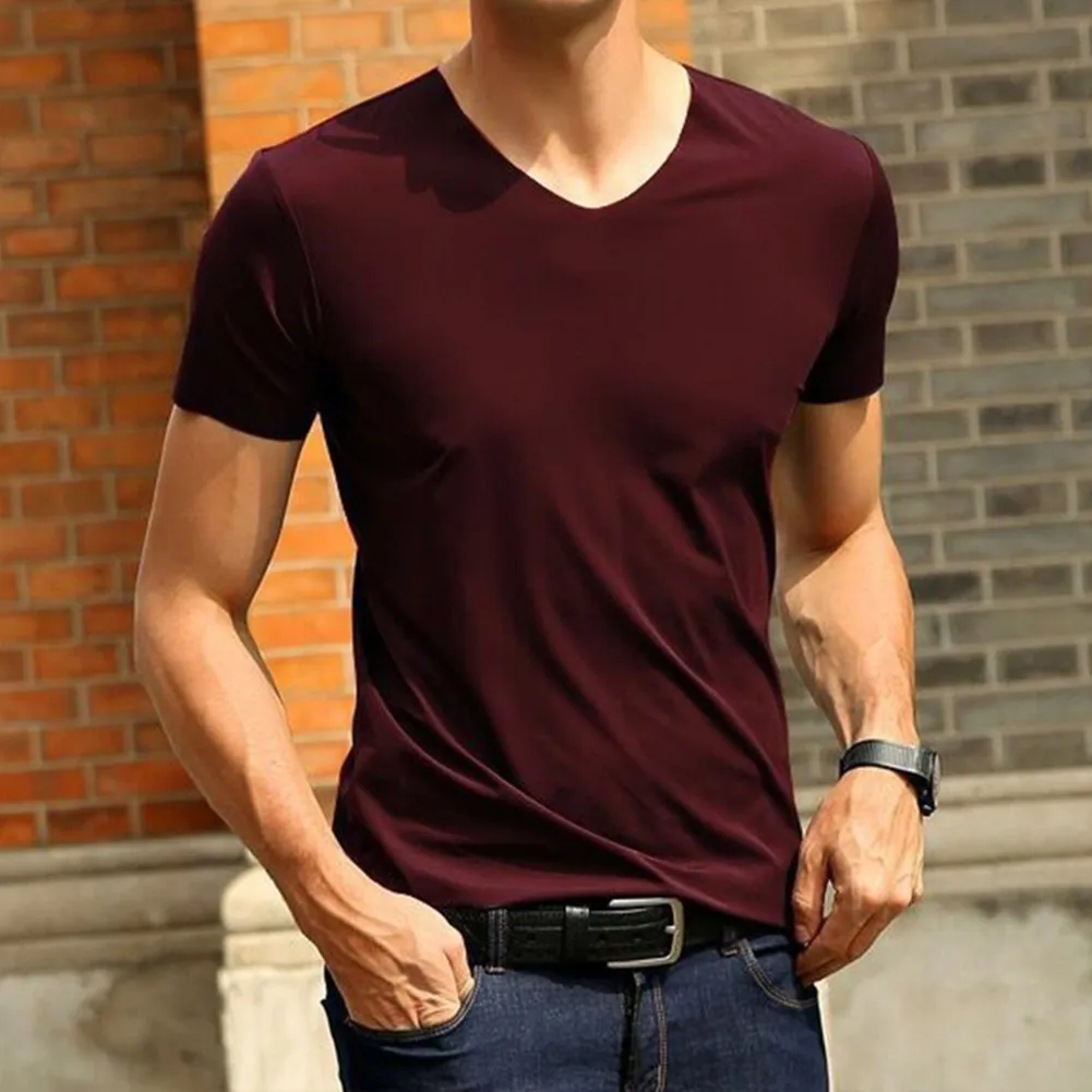 2022 Men\'s T-shirt Japan Short Sleeve Male Ice Silk Trackless T-shirt V-neck Slim Summer Pure Colors Clothing T Shirts Tops Tee