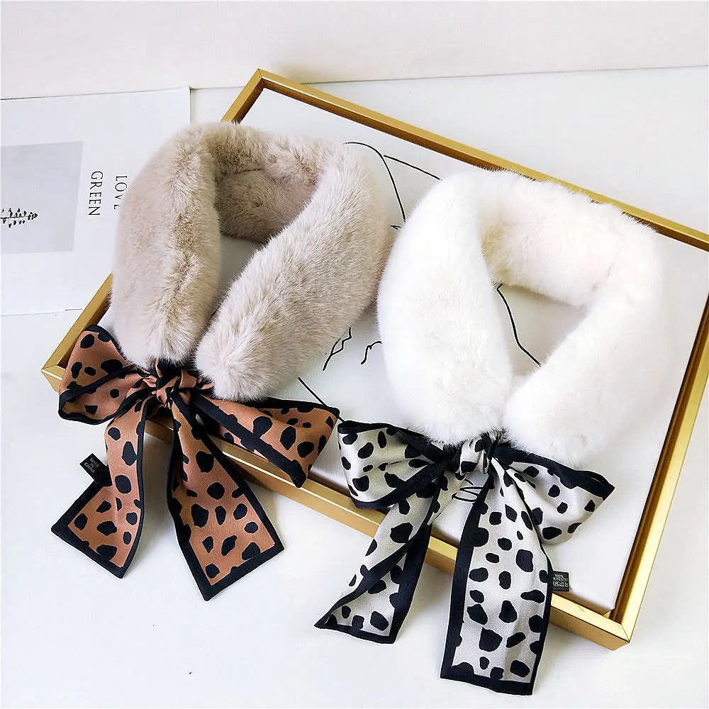 2022 New Long Skinny Silk Letter Leopard Printed Hair Head Scarf with Winter Warm Faux Fur Neck Collar Scarves for Women Foulard