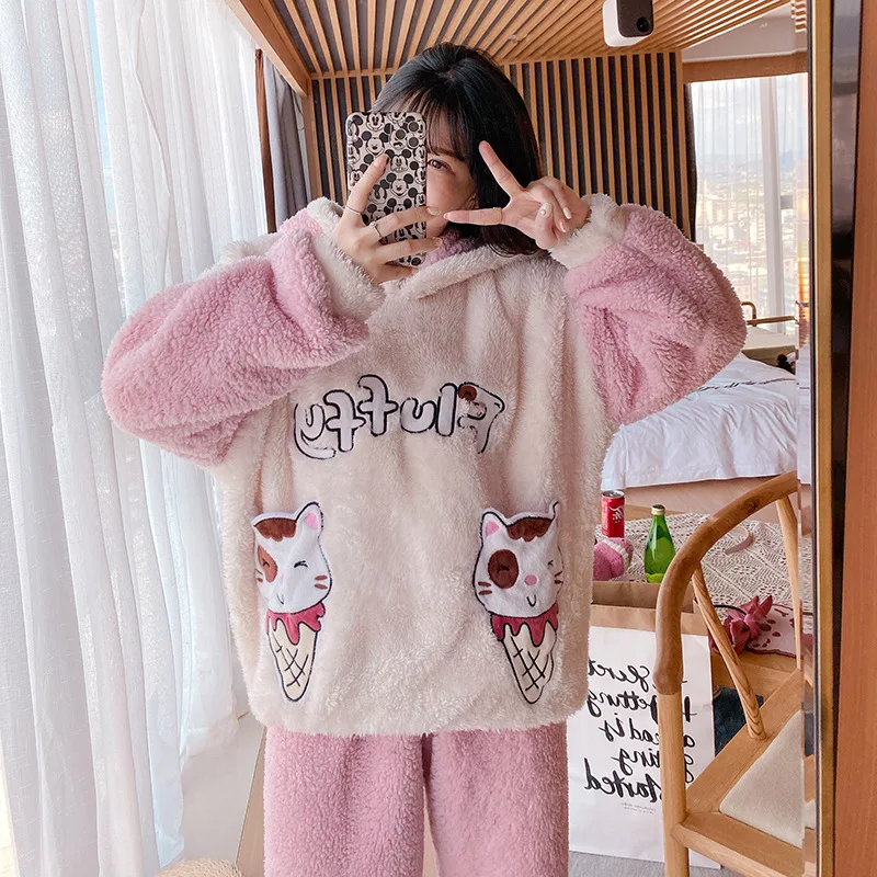 Autumn and Winter Women's Pajamas Women Plush Thick Warm Hooded Long-sleeved Suit Cute Home Casual Wear