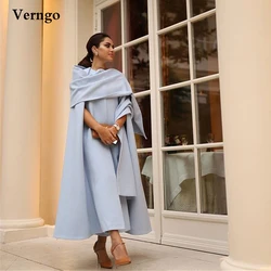 Verngo Light Blue Crape Prom Gown Modest Saudi Arabic Evening Dresses Ankle Length Long Cape Garment Formal Dress