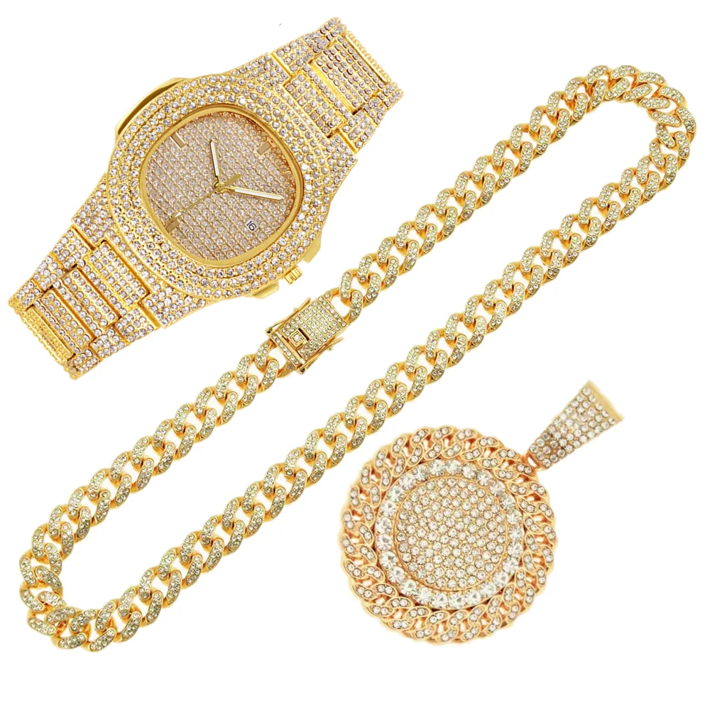 

2pcs/set Iced Out Watches Necklace AAA+ Rhinestone 13MM Full Miami Curb Cuban Chains CZ Bling Gold Watch for Men Jewelry Clock